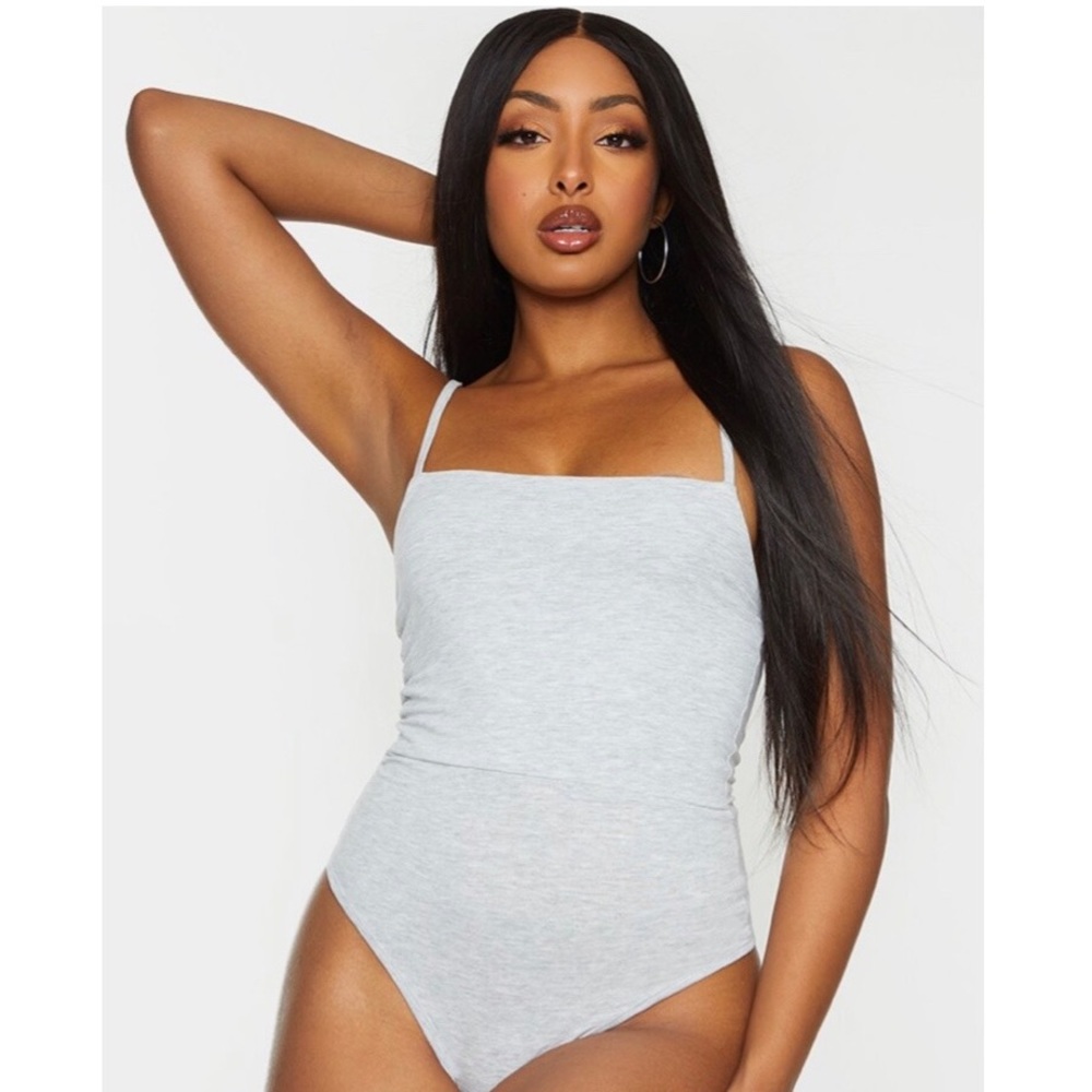 PrettyLittleThing Gray Cotton Bodysuit Square Neck NWT Size 6